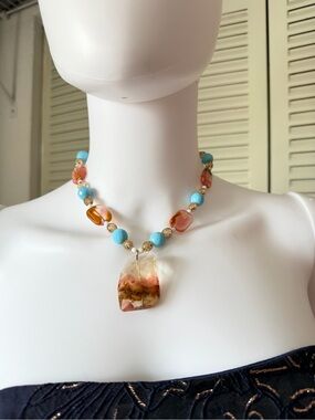 vintage Handmade Turquoise‎ & Pink Statement Beaded Necklace with Gold Accents